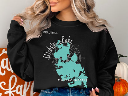 Black sweatshirt with Webster Lake Massachusetts map and compass design.