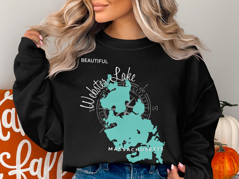 Black sweatshirt with Webster Lake Massachusetts map and compass design.