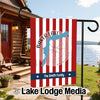 Baker Lake Washington custom family garden flag on red and white stripes.