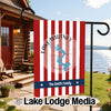 Lake Whitney Texas garden flag with red and white stripes, custom text.