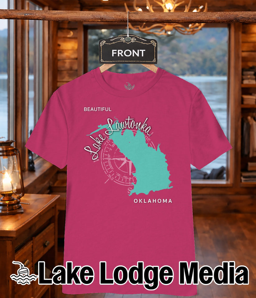 Pink t-shirt with teal Lake Lawtonka outline and compass rose.