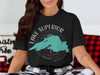 Black t-shirt with Lake Superior map and compass rose graphic.