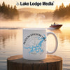 White mug with "Possum Kingdom Lake Texas" text and map graphic on a scenic lake background.