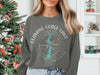 Gray sweatshirt with compass design featuring Flaming Gorge Lake, Wyoming.