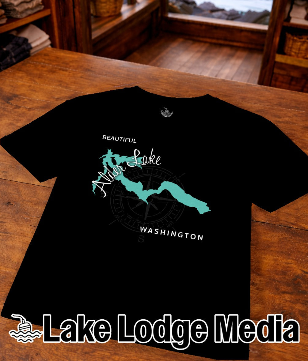 Black t-shirt with "Alder Lake" map graphic and compass, "Washington" text.