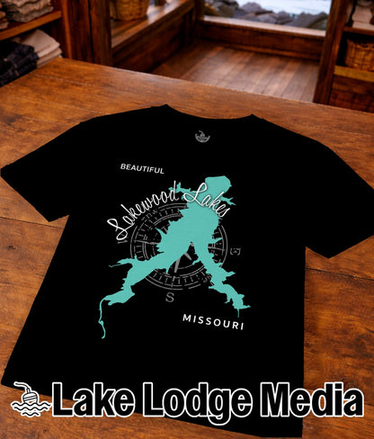 Black t-shirt with teal Lakewood Lakes Missouri outline and compass rose.