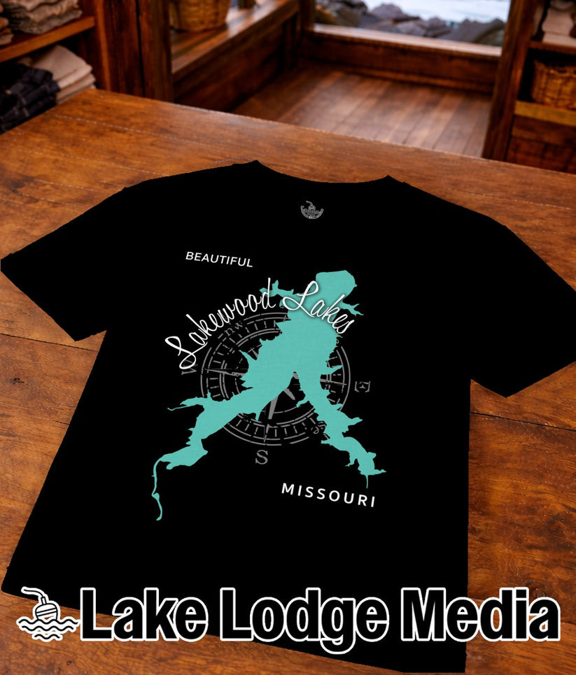 Black t-shirt with teal Lakewood Lakes Missouri outline and compass rose.
