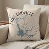 Pillow with a blue Lake Oroville California map and compass rose graphic.