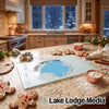 A glass cutting board featuring a blue map graphic of Lake Moultrie, South Carolina, sits on a kitchen counter surrounded by baking supplies.