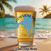 Beer glass with Yellowstone Lake map overlay on a beach background.