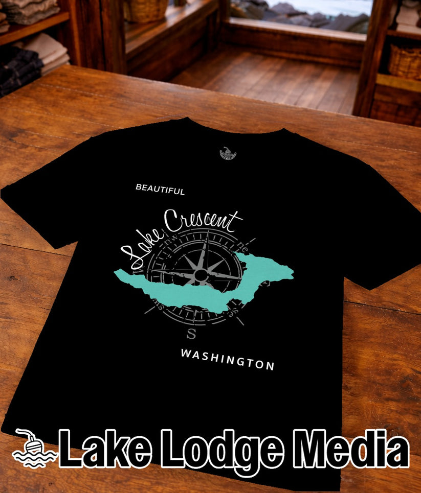 Black t-shirt with "Beautiful Lake Crescent Washington" and compass design.
