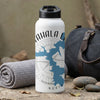 White water bottle with "Mahala L" and a blue lake map with compass graphic.