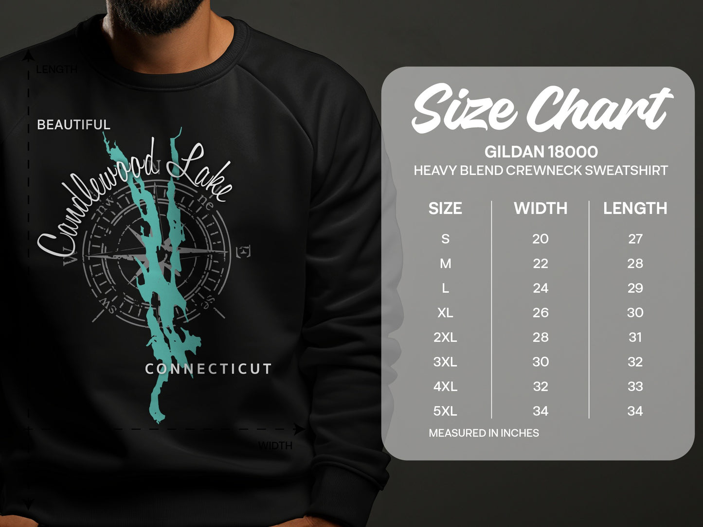 Candlewood Lake Connecticut graphic on black sweatshirt, with size chart.