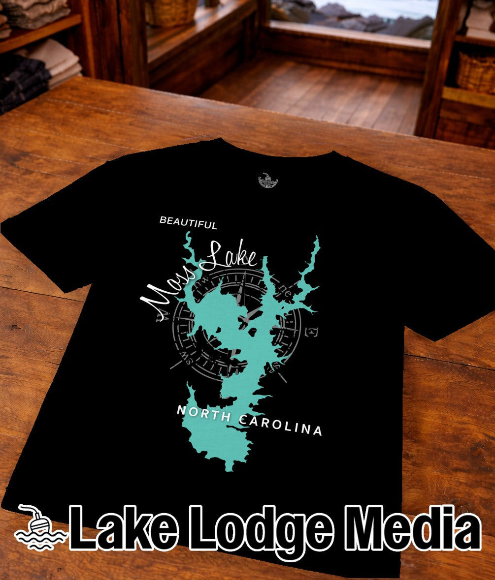 Black t-shirt featuring a teal compass rose map of Moss Lake, North Carolina.
