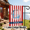 Garden flag with red and white stripes, Medina Lake map, and "The Smith Family" text.