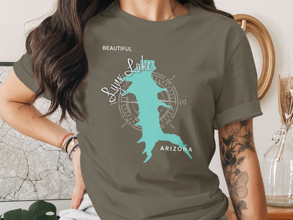 T-shirt with teal outline map of Lake Havasu, Arizona and compass rose.