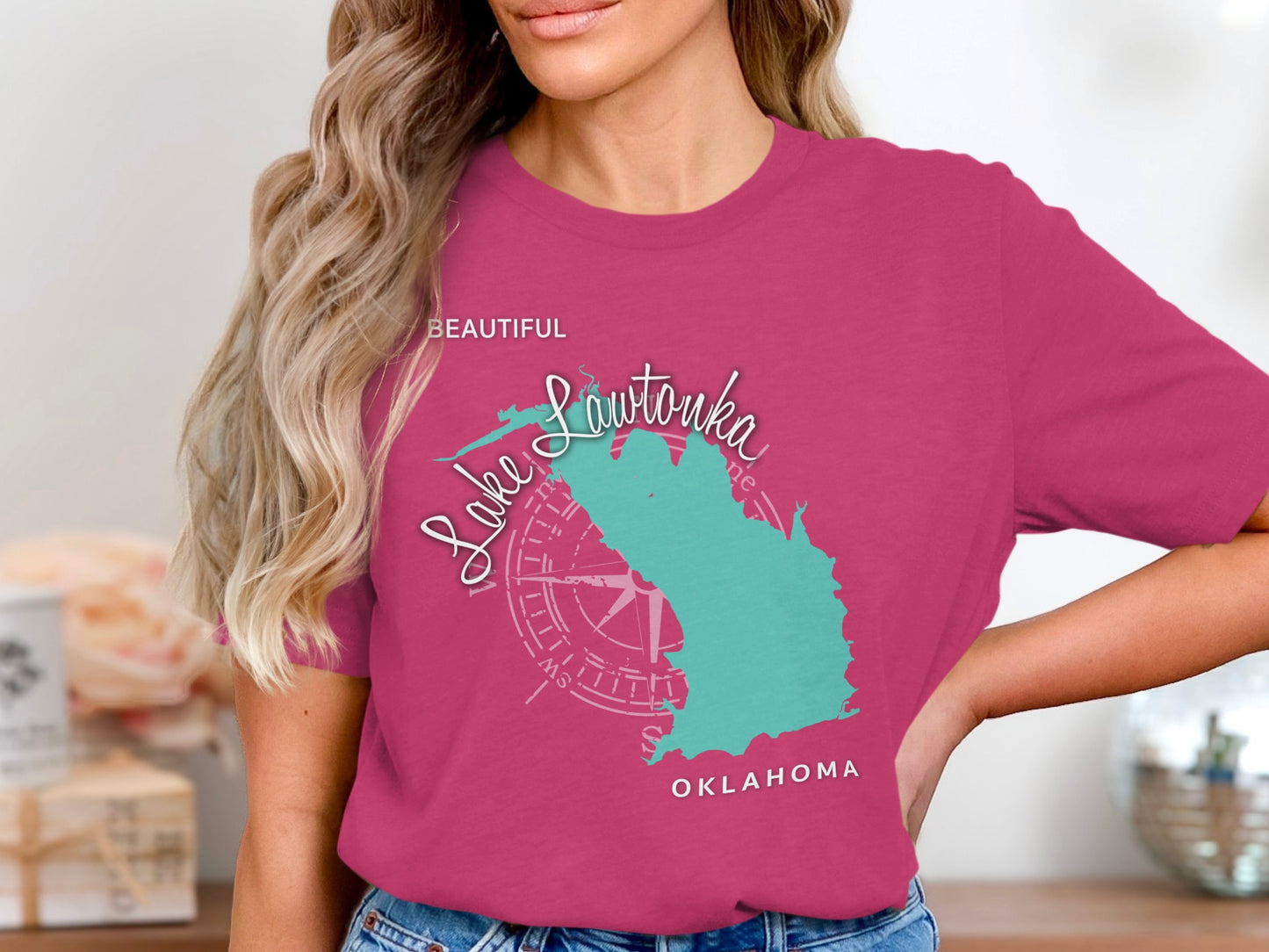 Teal Lake Lawtonka map of Oklahoma on pink t-shirt.