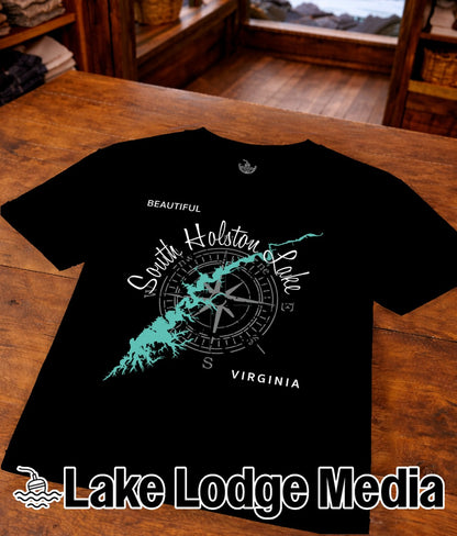 Black t-shirt with a compass rose and "South Holston Lake Virginia" graphic.