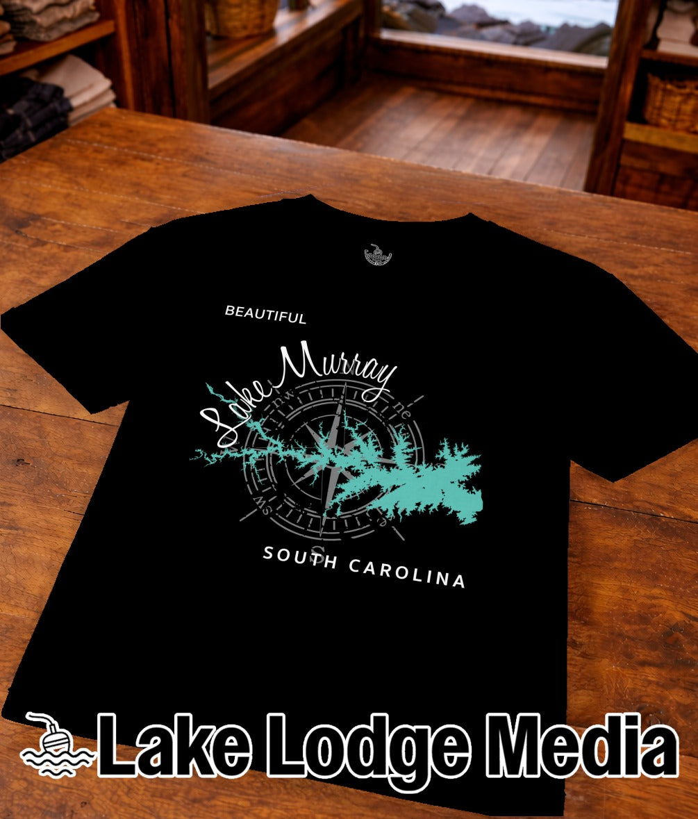 Black t-shirt with "Beautiful Lake Murray South Carolina" and compass graphic.