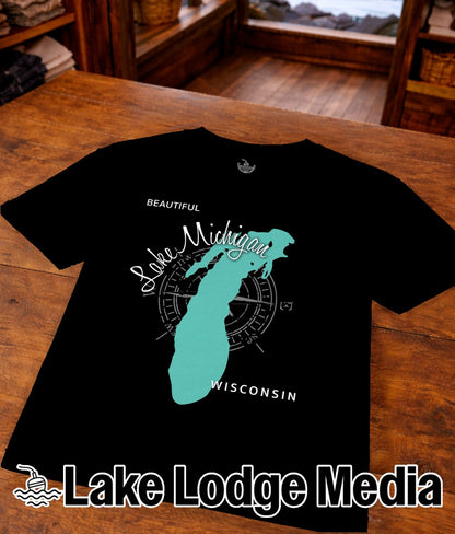 Black t-shirt with "Beautiful Lake Michigan Wisconsin" and compass graphic.