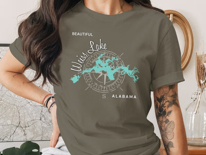 T-shirt with a turquoise map of Weiss Lake, Alabama and compass design.