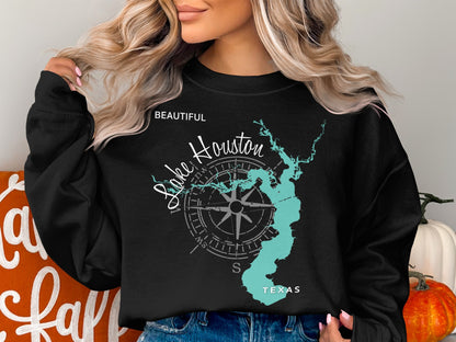 Black sweatshirt with Lake Houston map and compass graphic.