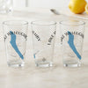Three clear glasses with a blue map outline of Lake Willoughby and compass rose design.