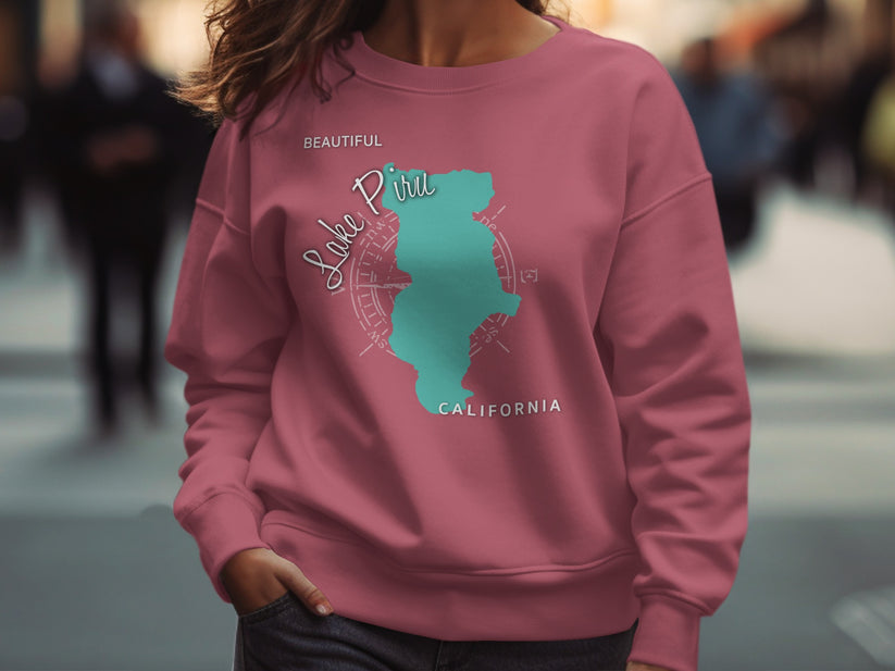 Salmon pink sweatshirt with turquoise "Lake Piru California" map graphic.