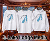 White sweatshirt, t-shirt, and hoodie display Payette Lake map graphic.