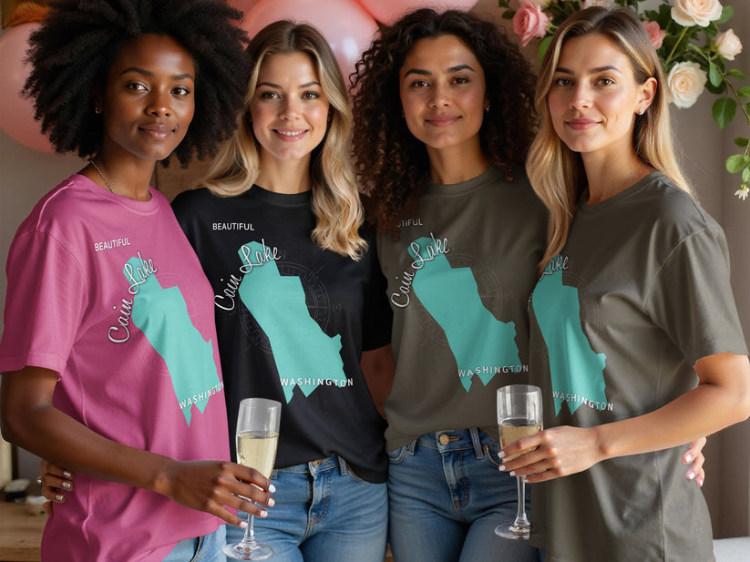 Four women wearing t-shirts with "Cain Lake Washington" design.