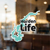 Aqua lake outline sticker with black text "Harden Life".