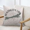 Huntington Lake California map and compass design on a light-colored throw pillow.