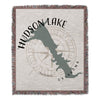 Hudson Lake Oklahoma map design on fringed woven blanket.