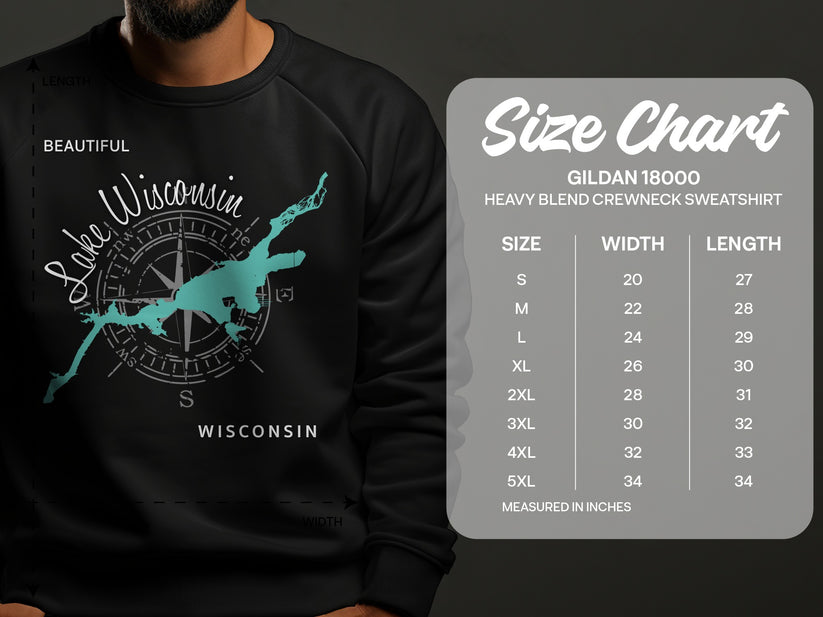 Sweatshirt with Lake Wisconsin map graphic and Gildan size chart.