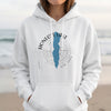 White hoodie with Honeoye Lake map and compass design, New York.