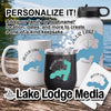 White mug, black tumbler, and white water bottle with Augur Lake design.