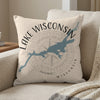 Lake Wisconsin map with compass design on beige throw pillow.