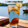 Glass of iced tea with a lemon slice, featuring a blue map graphic and "Lake Manawa" text.