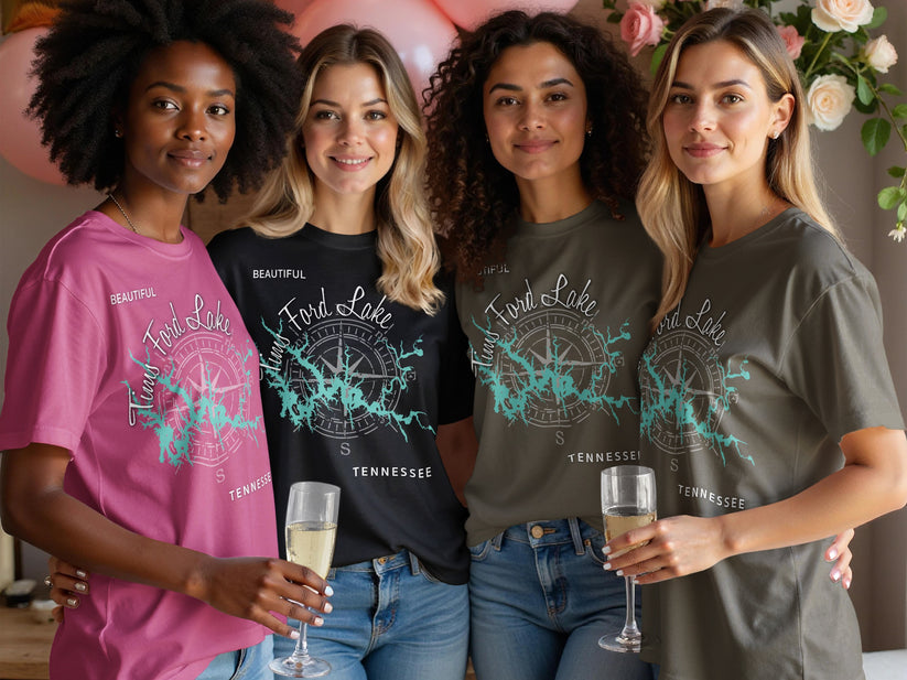 Four women wearing "Ford Lake Tennessee" graphic t-shirts.