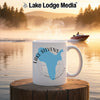 White mug with "Lake Stevens Washington" map design on a misty lake background.
