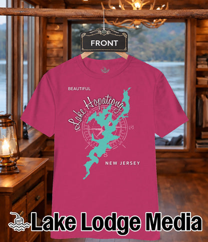 Pink t-shirt with a teal map of Lake Hopatcong and compass rose.