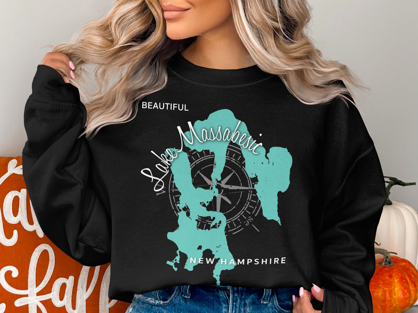 Black sweatshirt with a teal map outline of Lake Massabesic, New Hampshire.