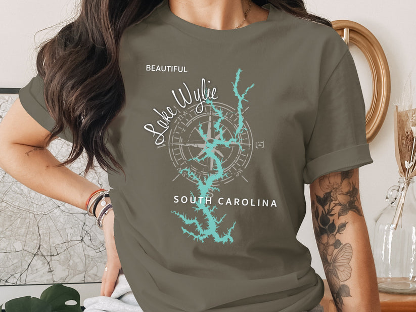 Dark t-shirt with "Lake Wylie South Carolina" and a compass rose graphic.