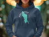 Navy blue hoodie with a teal map of Jordan Pond, Maine.