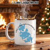 White mug with Lake Chaubunagungamaug, Massachusetts map and compass rose design.