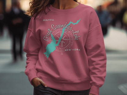 Salmon sweatshirt with Great Sacandaga Lake map and compass graphic.