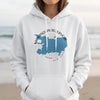 White hoodie with Manasquan Reservoir New Jersey map graphic and compass rose.