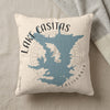 Cream pillow with blue Lake Casitas California map and compass rose design.