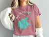 Timothy Lake Oregon map graphic on a mauve t-shirt with a compass design.