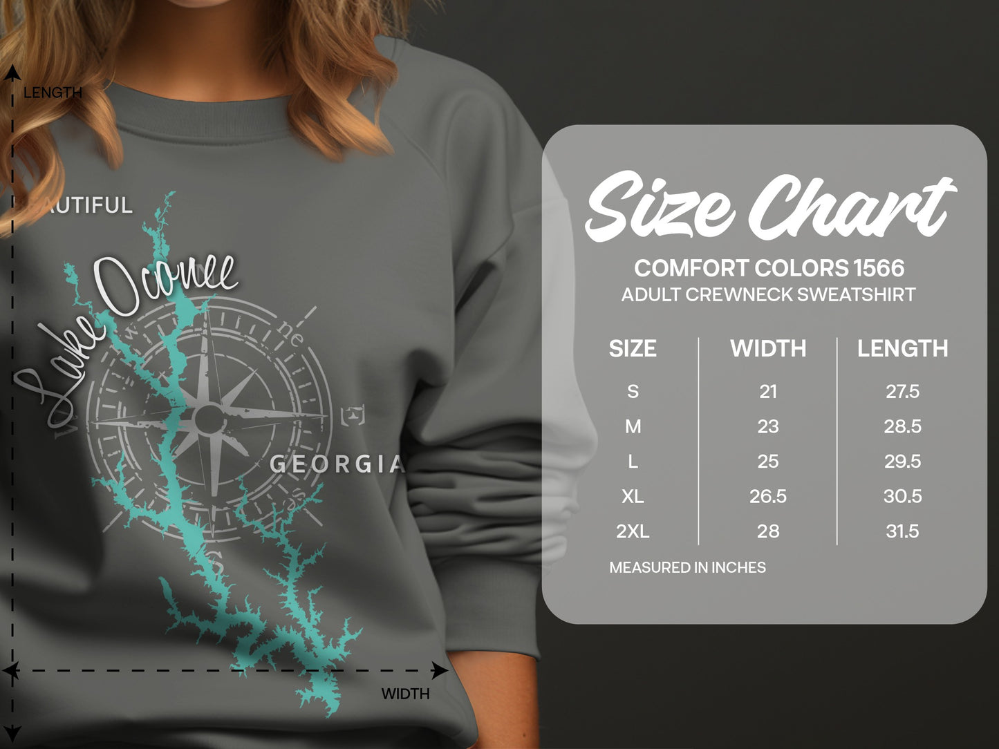 Lake Oconee Georgia graphic sweatshirt with size chart.